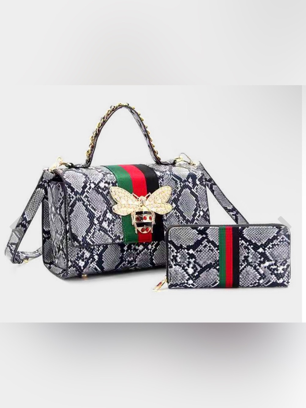 Snake-Embossed Top Handle Bag & Wallet Set with Green-Red Stripe